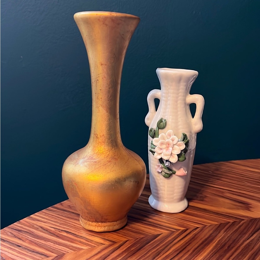 California Originals Gold Leaf Vase and small vintage floral bud vase